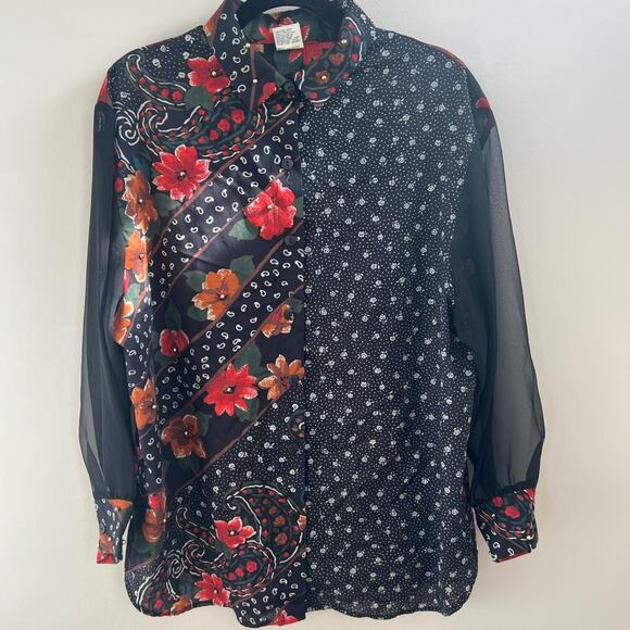 Vintage 90s black and red floral blouse size XL maximalist Alley Cat 2 - Picture 1 of 8